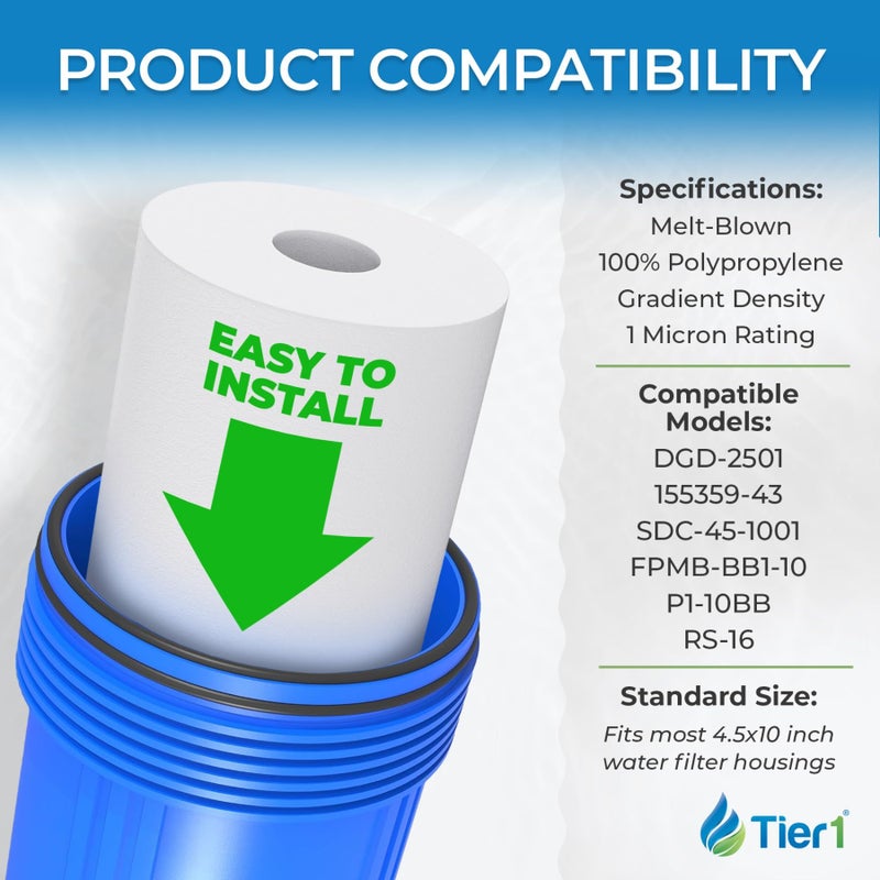 Tier1 1 Micron 10 Inch x 4.5 Inch | Spun Wound Polypropylene Whole House Sediment Water Filter Replacement Cartridge | Compatible with Pentek DGD-2501, 155359-43, SDC-45-1001, Home Water Filter - Image 4
